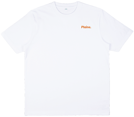 Plaine. White Tee- Orange logo.